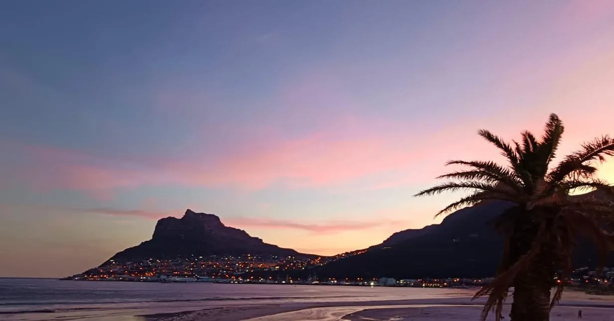 Sunset over the Sentinel and Hout Bay, seen from the beach, with a palm silhouetted on the right